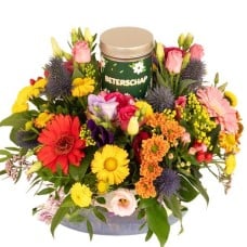 Biedermeier fur + tin of get well candy (Biedermeier multi-colored medium with get well soon tin of candy)