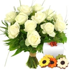 Bouquet of white roses + chocolate flowers (10 White roses in foliage + 140 grams of chocolate flowers)