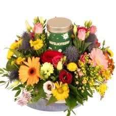 Biedermeier multicolored + tin of congratulatory candy (Biedermeier multicolored medium with Congratulations tin of candy)