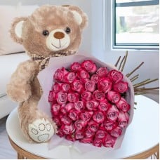 50 Purple Roses & Teddy Bear (Classic)