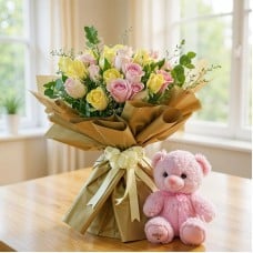 Pink & Peach Roses Bouquet and Teddy Bear (Classic)