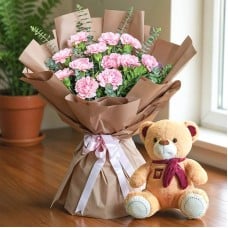 Bouquet of Pink Carnations & Teddy (Classic)