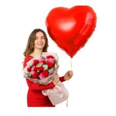 10 Red & 9 Pink Roses Bouquet with Heart Balloon