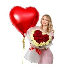 15 Red & 16 White Roses Bouquet with Heart Helium Balloon