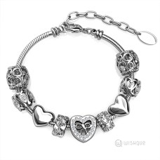 Bow Heart Beads Bracelet With Cloe Crystals White-Gold Plated