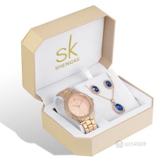 SK SHENGKE Ladies Stainless Steel Blue Stone Rose Gold Jewellery Set SK011-Blue