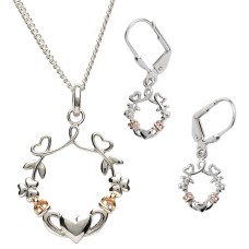 Sterling Silver Heart, Shamrock & Claddagh Earrings & Pendant Jewelry Set