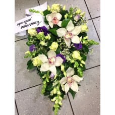 Funeral arrangement - white orchids, roses, violet chives