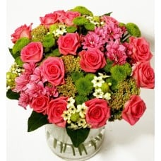Bouquet of pink roses and green chrysanthemums