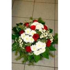 Round-shaped funeral arrangement: red roses and white chrysantemums
