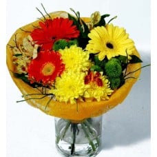 Bouquet of Gerberas, Minigerber and Chrysantemums wrapped in fabric (Classic)