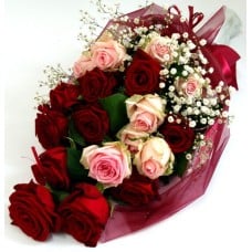 Bouquet of red and pink roses wrapped (15 Roses)