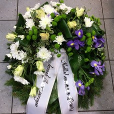Wreath with blue Irises, White Roses and Chrysantemums
