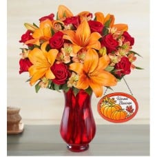Elegant Autumn Rose And Lily Bouquet (with Red Vase & Suncatcher)