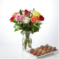 Mixed Roses and Berry Bundle (24 Roses with Berries and Glass Vase)