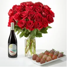 Red Roses, Berry, and Wine Gift Set