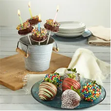Bright Birthday Belgian Chocolate–Dipped Strawberries & Brownie Bites