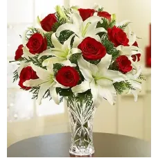 Arrangement of Red Roses and White Liliums in Vase