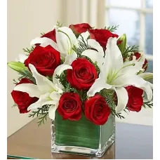 Arrangement of Red Roses and White Liliums