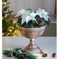 White poinsettias in a pot of gold on a stand