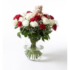 Red and white rose bouquet with teddy bear
