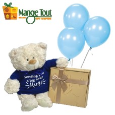 Sending You A Big Bear Hug Blue Teddy, Belgian Chocs & Balloons