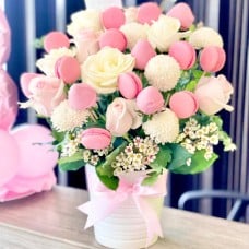 Strawberries & Macarons with Flowers Vase