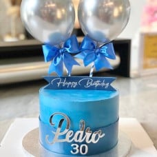 Personalized Blue Silver Cake with Chrome Balloons