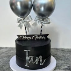 Personalized Black & Silver Cake with Chrome Balloons
