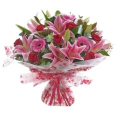 Red Roses, Pink Lilies & Gerbera Flower Bouquet
