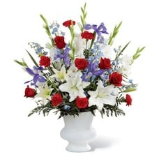 Regal Blue, White & Red Flower Arrangement