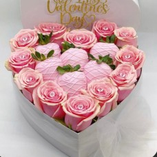 Pink Roses & Dipped Strawberries Heart Box