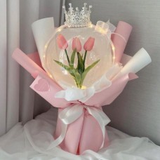 Pink Tulip Bubble Balloon with Crown