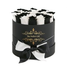Black & White Roses in black Round Box