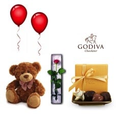 GODIVA Ballotin Box & Teddy & Single Roses & Balloons