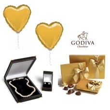 GODIVA 3 Gold Box & Freshwater Pearls & Balloons Gift Set