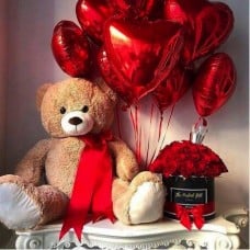 Large Teddy with 30 roses box & 10 Heart Balloons