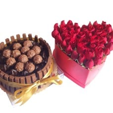 Roses Heart Box & Ferrero Kit Kat Choco Cake (customizable)