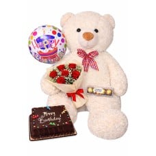 Cream Happy Birthday Teddy, Roses &amp; Balloon (12 Roses Bouquet)