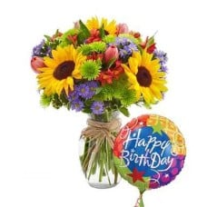 3 Sunflowers, Mums and Happy Bday Balloon