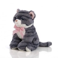 Seated Plush Cat 25 Cm - Jasmine With Gray Striped Bow