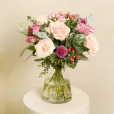 A floral duet of pink and blue