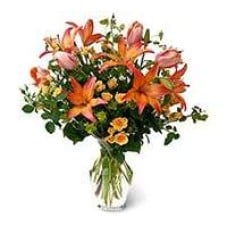 Vase With Red Lilies, Roses, Marg. And Alstromerias Ocher Tones
