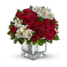 Cube Arrangement Of Roses And Alstromeries