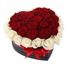 HEART BOX OF RED AND WHITE ROSES