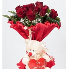 Bouquet of 12 Italian roses with stuffed animal