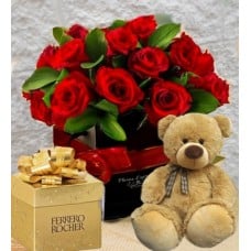 COMBO BOX 12 ROSES, PLUSH AND FERRERO