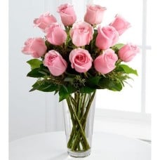 12 Pink Roses In A Vase