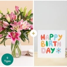 A bunch of lilies and a Happy Birthday message card (5 Lilies)