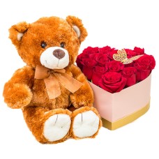 Roses in heart shaped box and bear